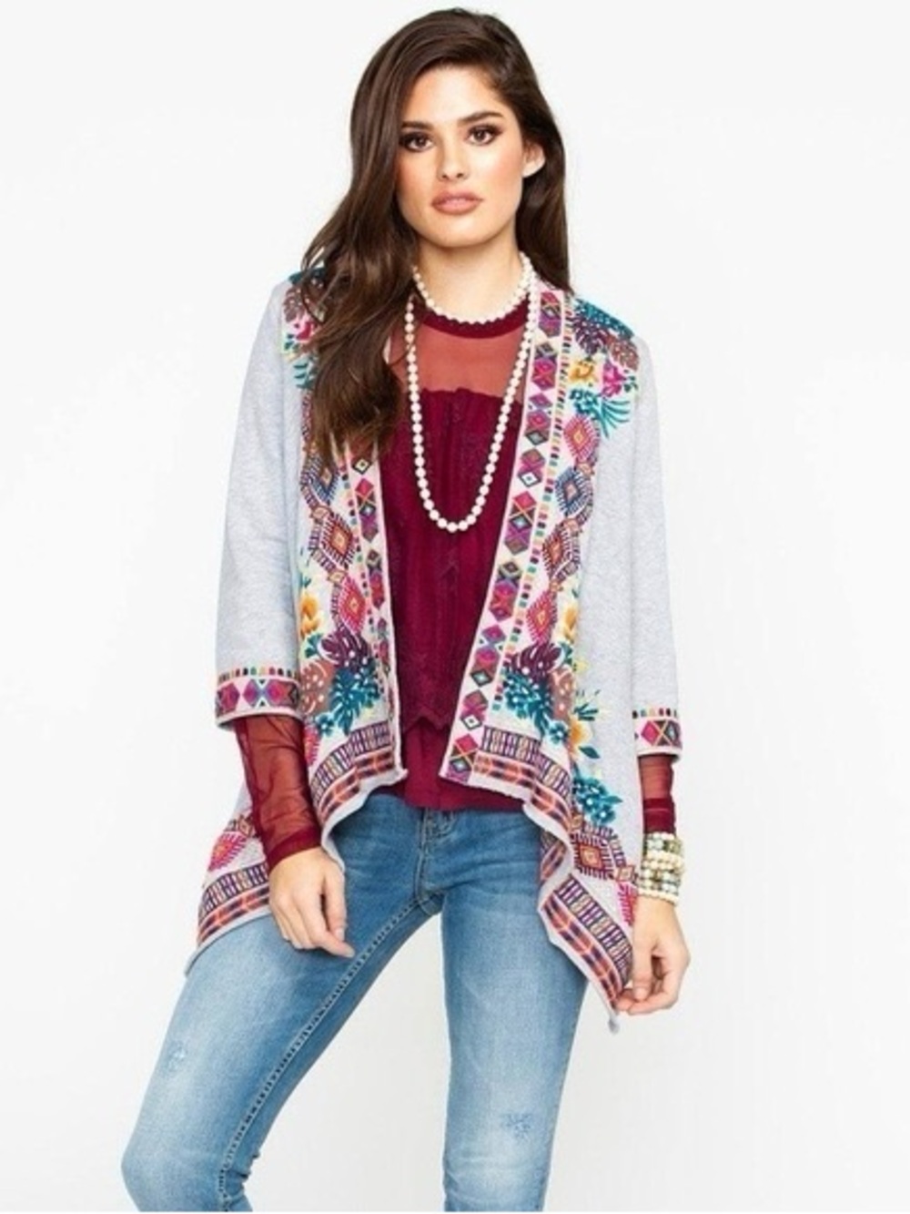 Johnny Was Quinn Embroidered Draped Open Front Cardigan Grey Size Large